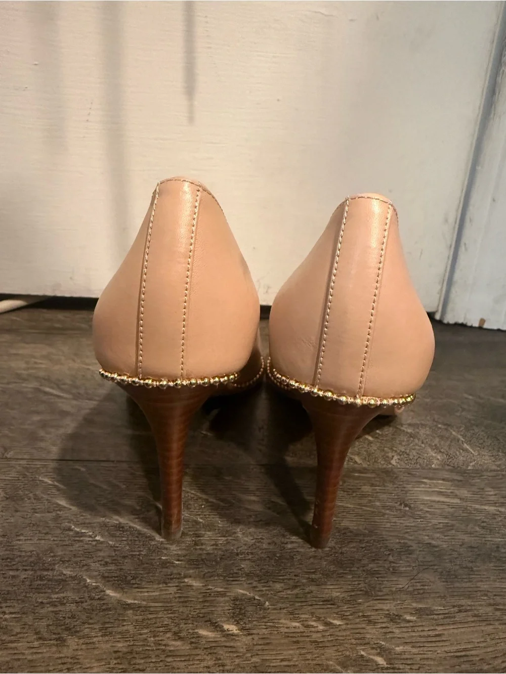 Coach Nude Pointed-Toe Stiletto Heels with Gold Trim